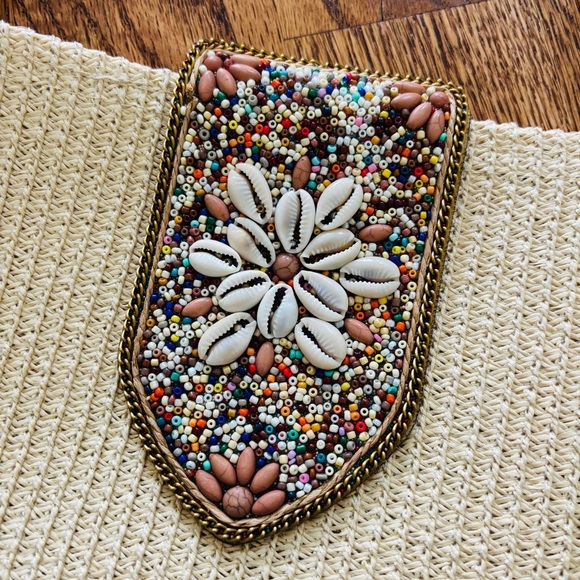 NEW Straw Clutch Crossbody Bag Shell Pearl Closure - Picture 2 of 9